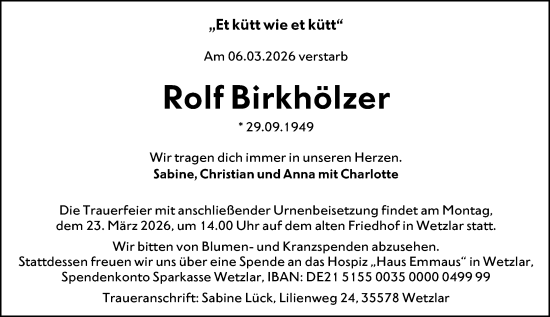 Traueranzeige von Rolf Birkhölzer von Wetzlarer Neue Zeitung