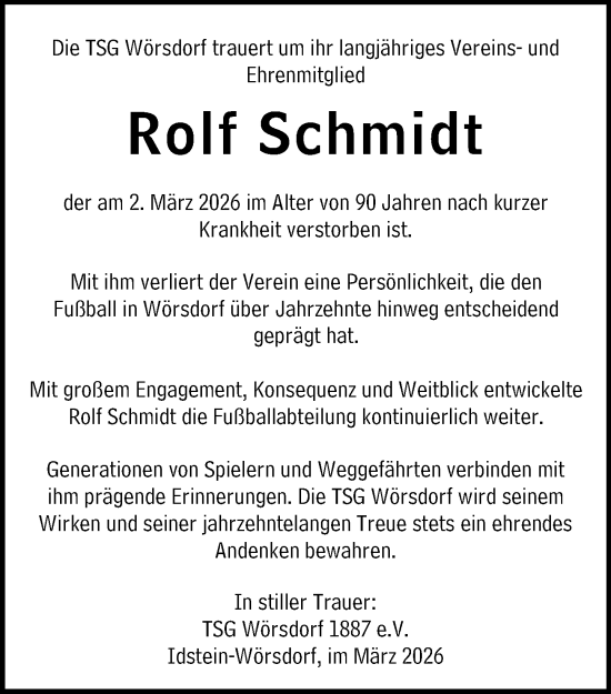 Traueranzeige von Rolf Schmidt von Wiesbadener Kurier