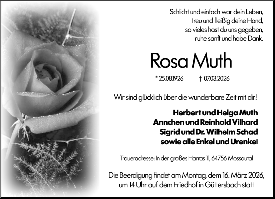 Traueranzeige von Rosa Muth von Odenwälder Echo