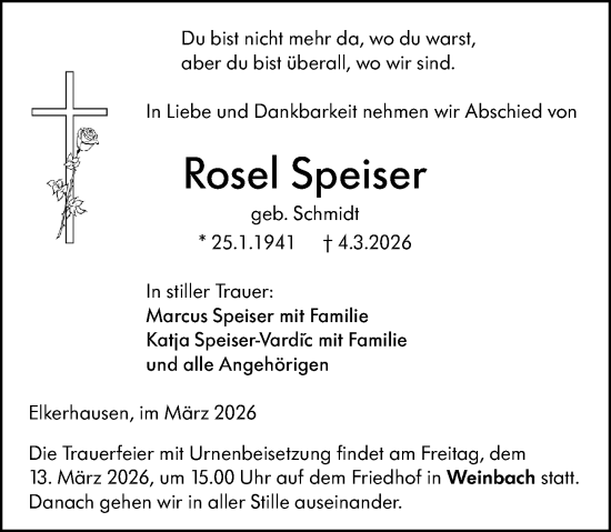 Traueranzeige von Rosel Speiser von Weilburger Tageblatt