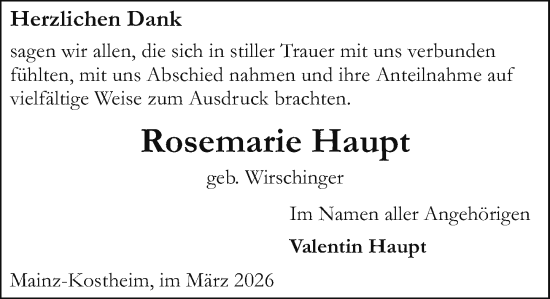 Traueranzeige von Rosemarie Haupt von Hochheimer Zeitung