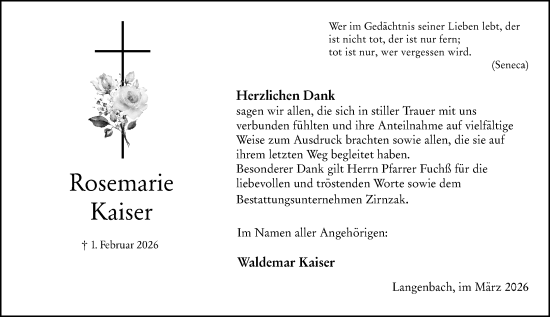 Traueranzeige von Rosemarie Kaiser von Weilburger Tageblatt