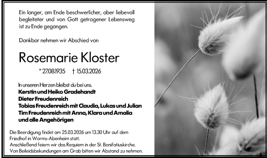 Traueranzeige von Rosemarie Kloster von Allgemeine Zeitung Alzey
