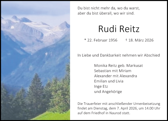 Traueranzeige von Rudi Reitz von Wiesbadener Kurier