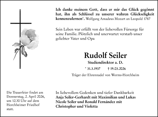 Traueranzeige von Rudolf Seiler von Wormser Zeitung
