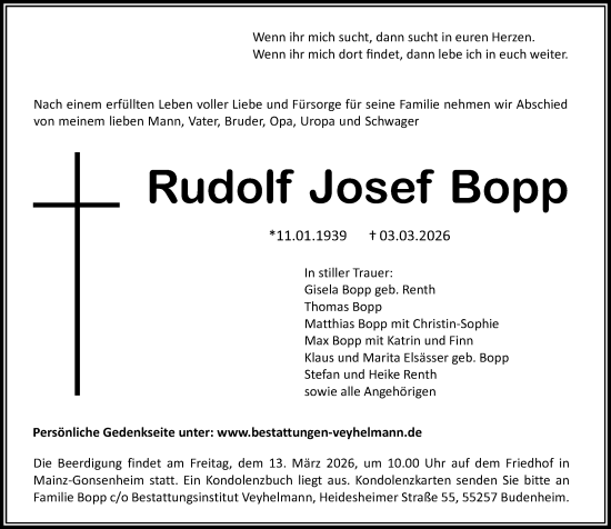 Traueranzeige von Rudolf Josef Bopp von Allgemeine Zeitung Mainz