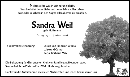 Traueranzeige von Sandra Weil von Dill Block