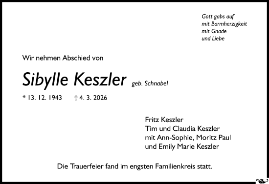 Traueranzeige von Sibylle Keszler von Allgemeine Zeitung Mainz