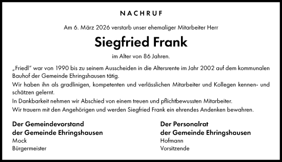 Traueranzeige von Siegfried Frank von Wetzlarer Neue Zeitung