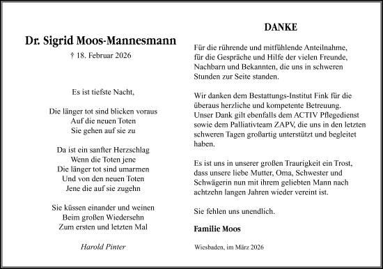 Traueranzeige von Sigrid Moos-Mannesmann von Wiesbadener Kurier