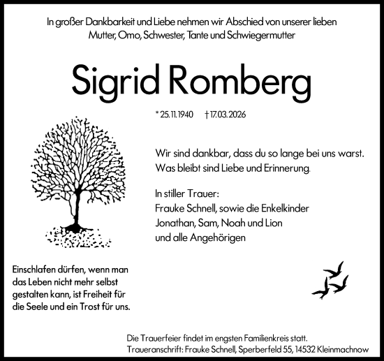 Traueranzeige von Sigrid Romberg von Wiesbadener Kurier