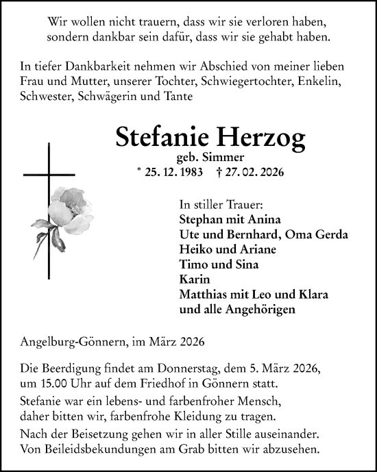 Traueranzeige von Stefanie Herzog von Hinterländer Anzeiger