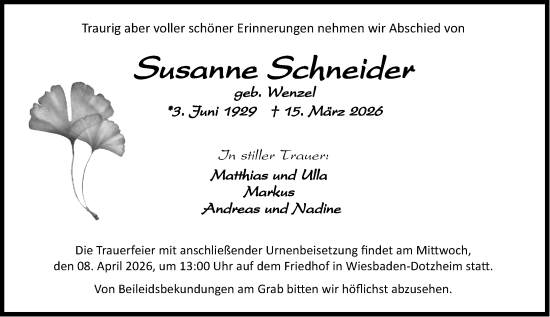 Traueranzeige von Susanne Schneider von Wiesbadener Kurier