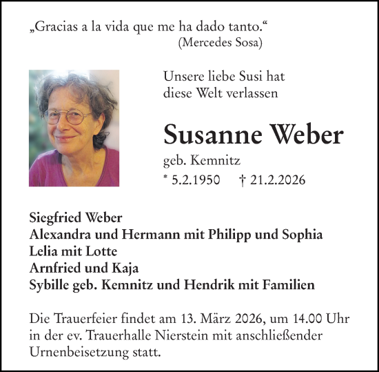 Traueranzeige von Susanne Weber von Allgemeine Zeitung Mainz