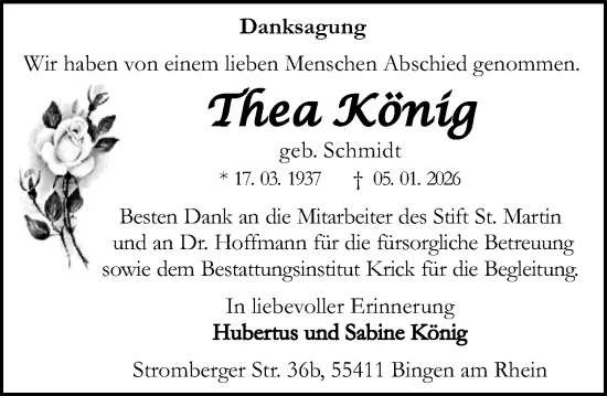 Traueranzeige von Thea König von Binger-/Ingelheimer Wochenblatt