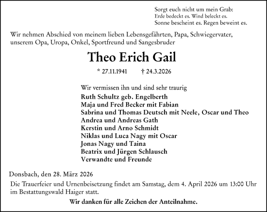 Traueranzeige von Theo Erich Gail von Dill Block