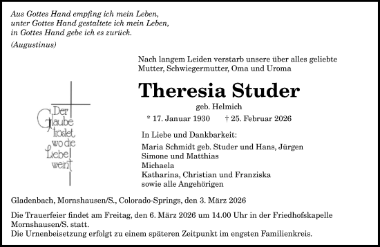 Traueranzeige von Theresia Studer von Hinterländer Anzeiger
