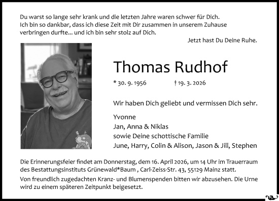 Traueranzeige von Thomas Rudhof von Allgemeine Zeitung Mainz
