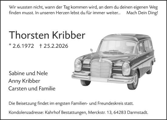 Traueranzeige von Thorsten Kribber von Darmstädter Echo