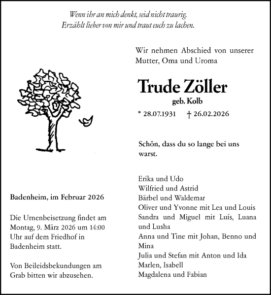 Traueranzeige von Trude Zöller von Allgemeine Zeitung Rheinhessen-Nahe