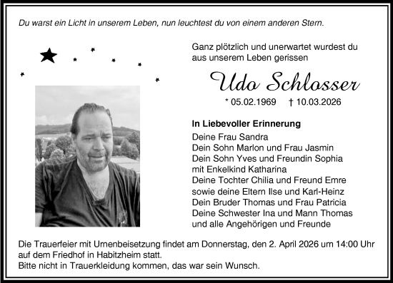 Traueranzeige von Udo Schlosser von Darmstädter Echo