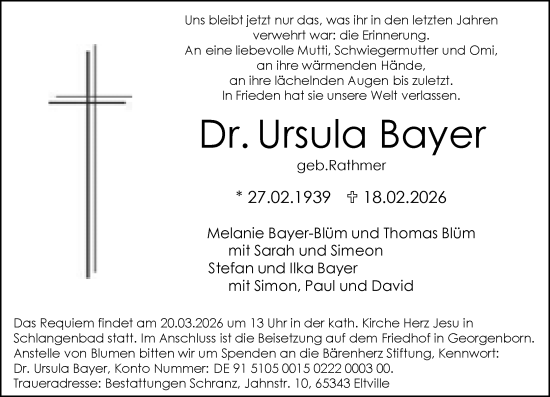 Traueranzeige von Ursula Bayer von Wiesbadener Kurier