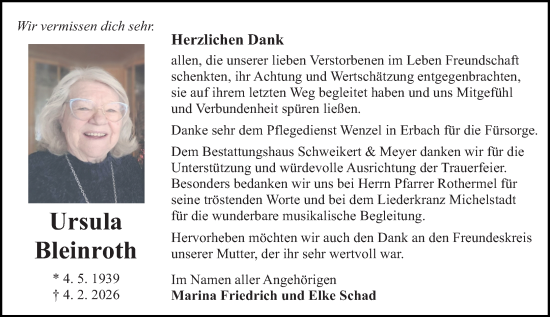 Traueranzeige von Ursula Bleinroth von Odenwälder Echo
