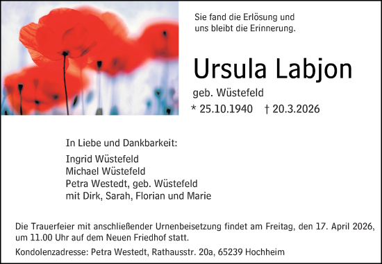 Traueranzeige von Ursula Labjon von Hochheimer Zeitung