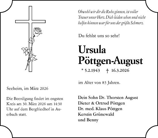 Traueranzeige von Ursula Pöttgen-August von Darmstädter Echo