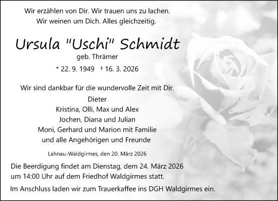 Traueranzeige von Ursula Schmidt von Wetzlarer Neue Zeitung