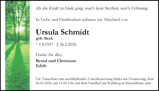 Traueranzeige von Ursula Schmidt von Rüsselsheimer Echo