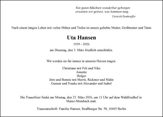 Traueranzeige von Uta Hansen von Allgemeine Zeitung Mainz