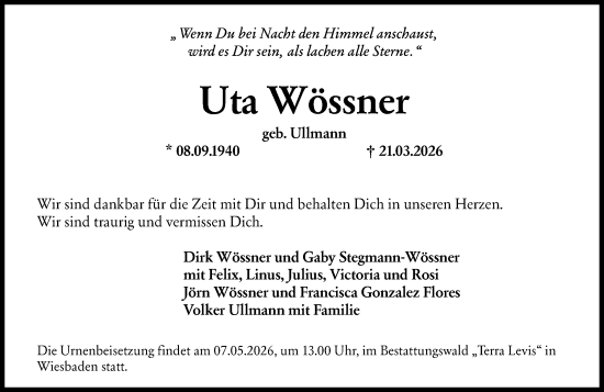 Traueranzeige von Uta Wössner von Wiesbadener Kurier