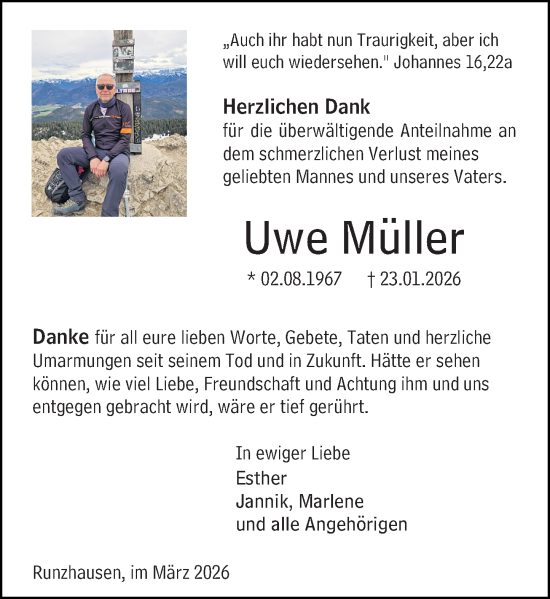 Traueranzeige von Uwe Müller von Hinterländer Anzeiger