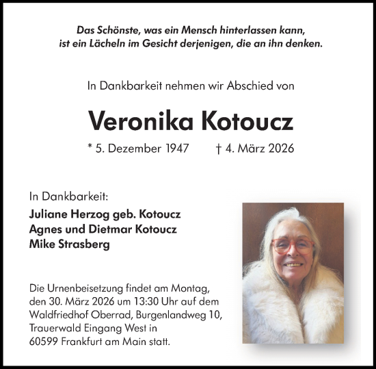 Traueranzeige von Veronika Kotoucz von Weilburger Tageblatt