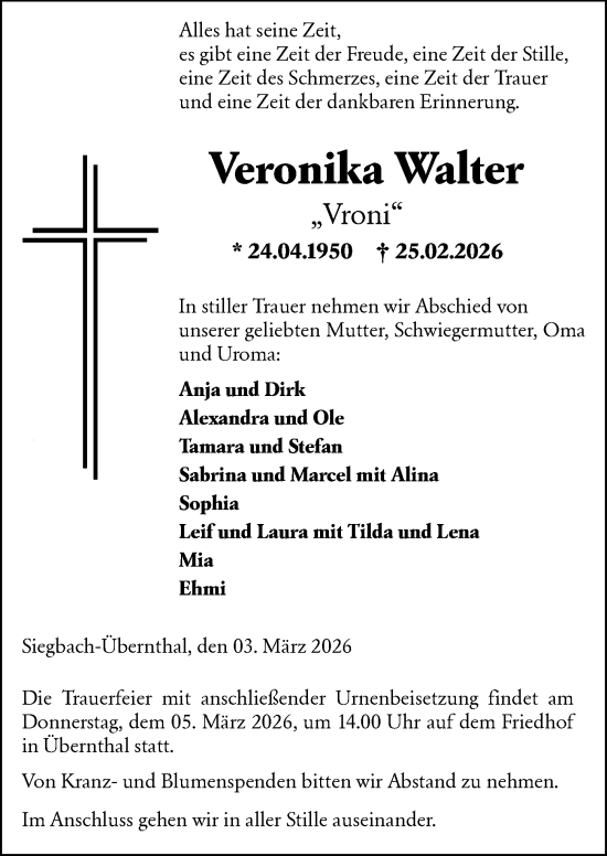 Traueranzeige von Veronika Walter von Dill Block