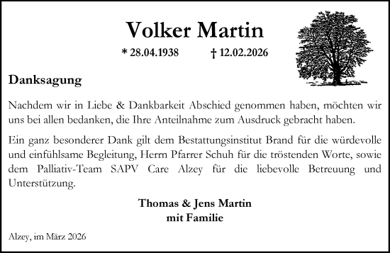 Traueranzeige von Volker Martin von Allgemeine Zeitung Alzey