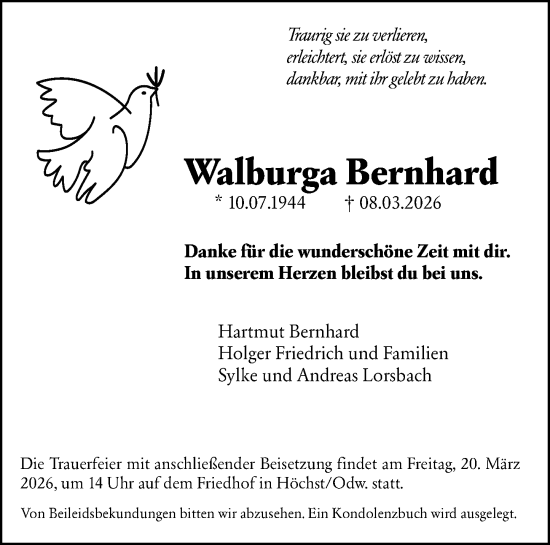 Traueranzeige von Walburga Bernhard von Odenwälder Echo
