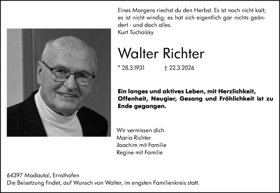 Traueranzeige von Walter Richter von Darmstädter Echo