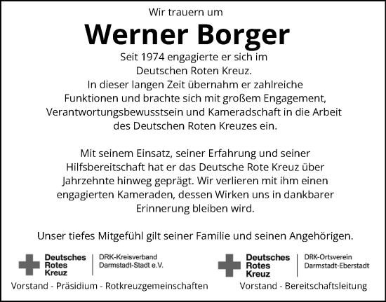 Traueranzeige von Werner Borger von Darmstädter Echo