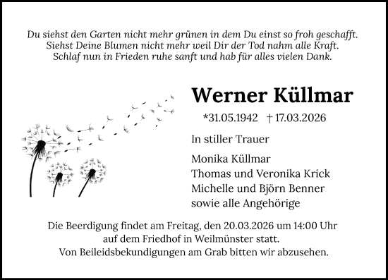 Traueranzeige von Werner Küllmar von Weilburger Tageblatt