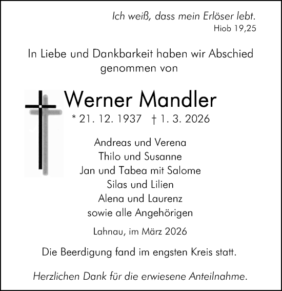 Traueranzeige von Werner Mandler von Wetzlarer Neue Zeitung
