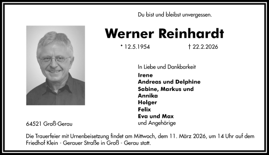 Traueranzeige von Werner Reinhardt von Groß-Gerauer Echo