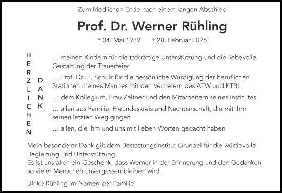 Traueranzeige von Werner Rühling von Rheingau Kurier