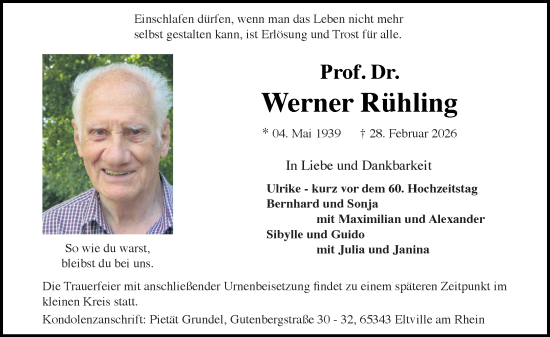 Traueranzeige von Werner Rühling von Rheingau Kurier