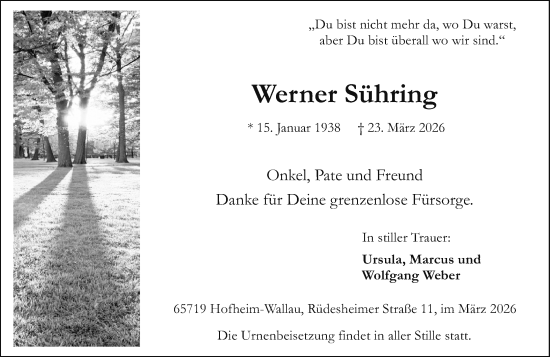 Traueranzeige von Werner Sühring von Allgemeine Zeitung Mainz