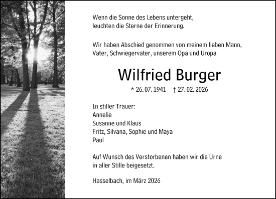 Traueranzeige von Wilfried Burger von Weilburger Tageblatt