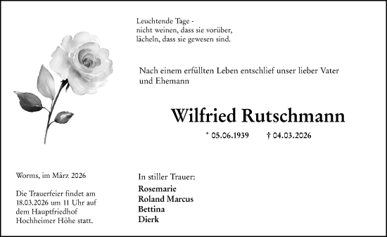 Traueranzeige von Wilfried Rutschmann von Wormser Zeitung
