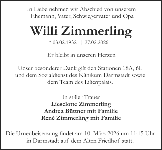 Traueranzeige von Willi Zimmerling von Darmstädter Echo