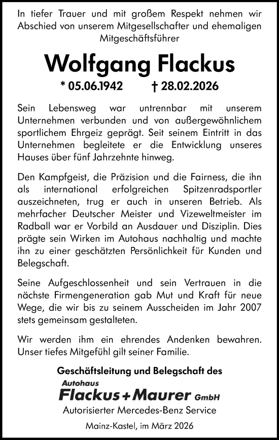 Traueranzeige von Wolfgang Flackus von Wiesbadener Kurier